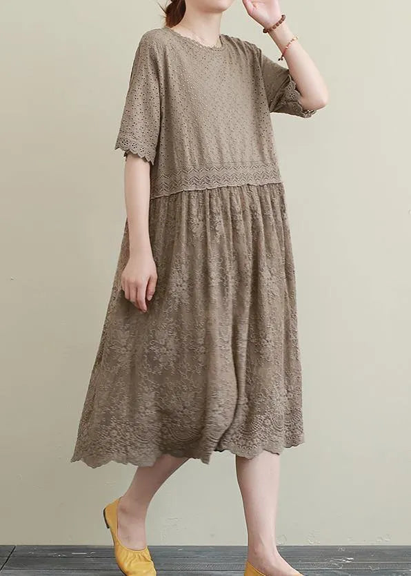Chocolate Embroidery Cotton Tunics Patchwork Hollow Out Maxi Dress
