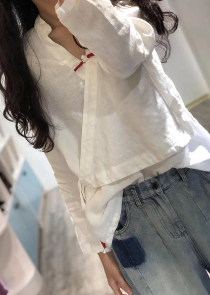 White Linen Blouse V Neck Fall Top