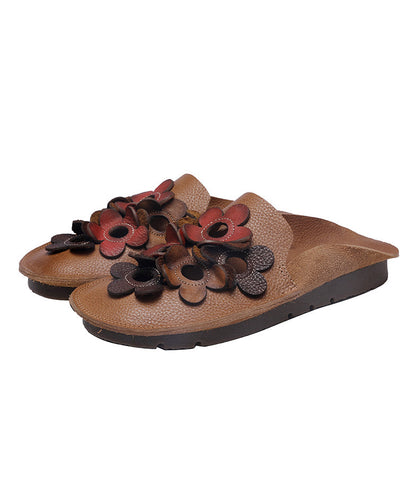 Brown Cowhide Leather Soft Splicing Hollow Out Slide Sandals
