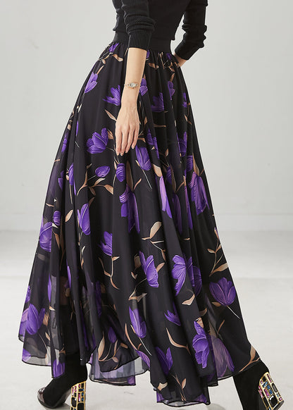Black Tulip Print Exra Large Hem Chiffon Skirt Spring