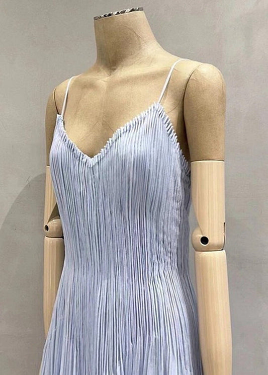 Blue V Neck Wrinkled Cotton Spaghetti Strap Dress Summer