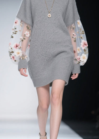 Grey O Neck Tulle Patchwork Knit Dress Winter