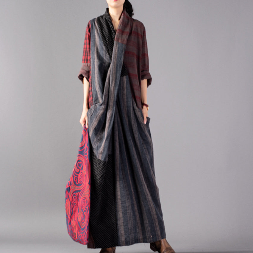 New Red Plaid Oversize V Neck Patchwork Linen Clothing Dress Pockets Asymmetrical Design Caftans