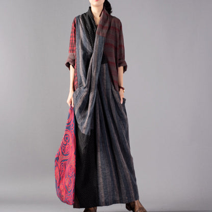 New Red Plaid Oversize V Neck Patchwork Linen Clothing Dress Pockets Asymmetrical Design Caftans
