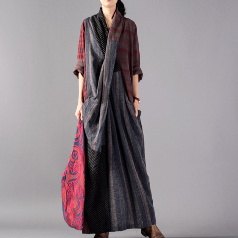 New Red Plaid Oversize V Neck Patchwork Linen Clothing Dress Pockets Asymmetrical Design Caftans