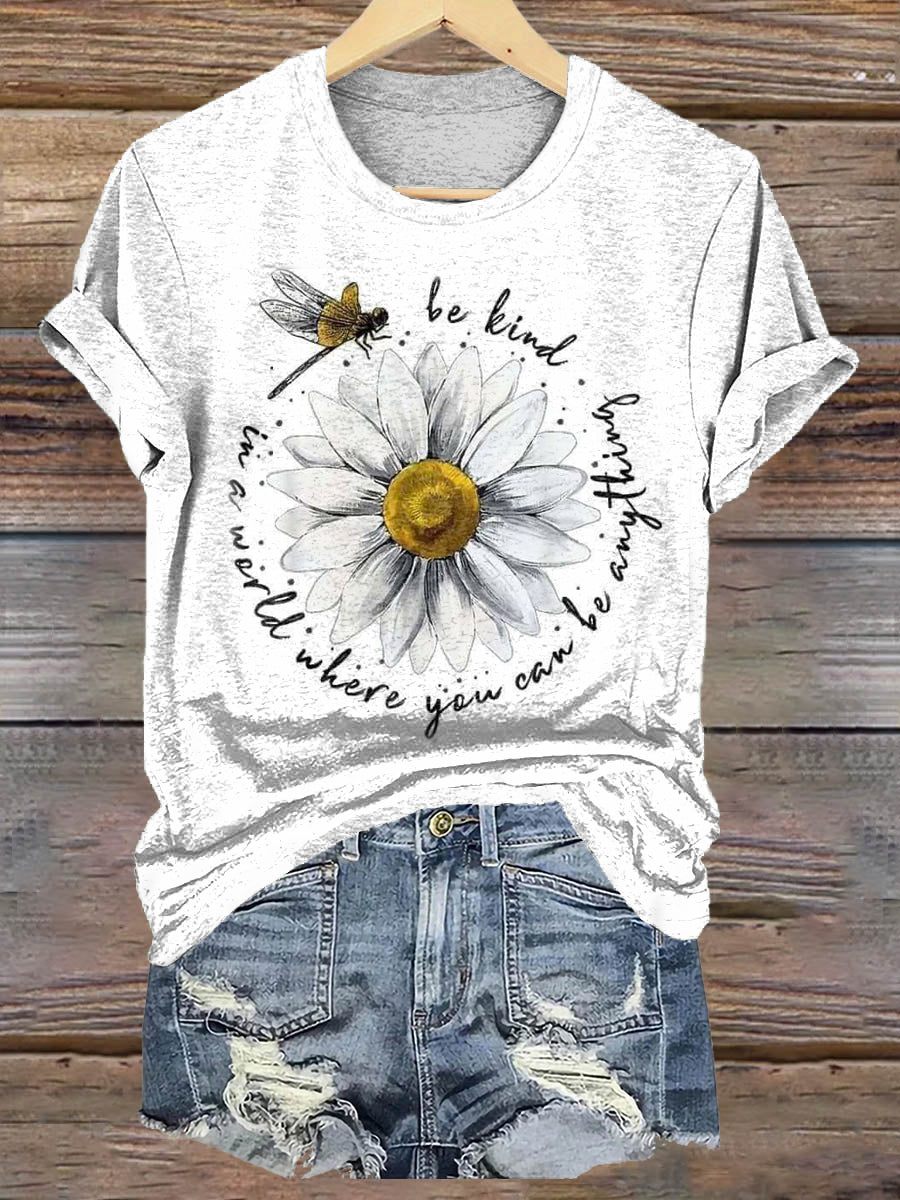 Dragonfly Floral Pattern Art Print Casaul Short Sleeve T-shirt