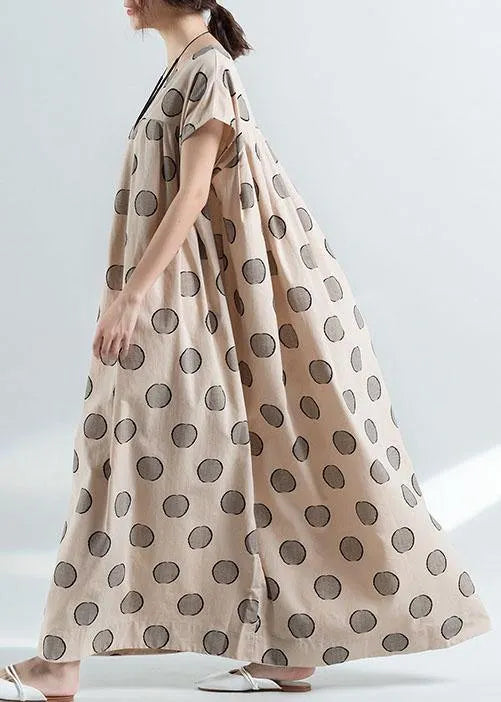 Organic Nude Dotted Prints Cotton Tunic Pattern Loose Waist Maxi Summer Dress