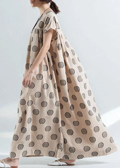 Organic Nude Dotted Prints Cotton Tunic Pattern Loose Waist Maxi Summer Dress