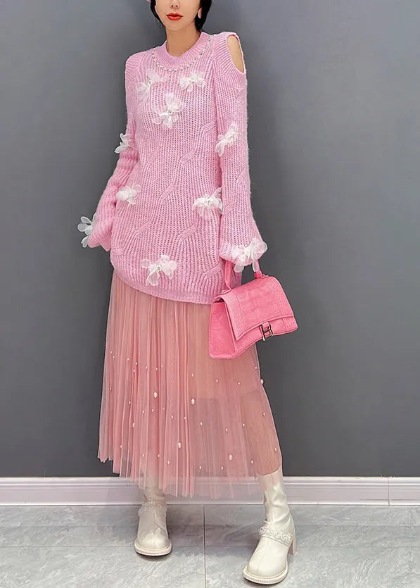 Pink O-neck Knit Top and Tulle Maxi Skirts Two Pieces Set Fall