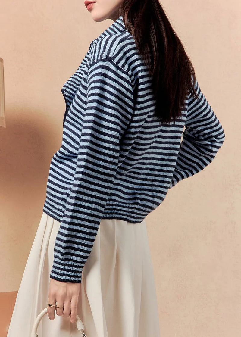 Blue Scarf Striped Button Knit Sweater Winter