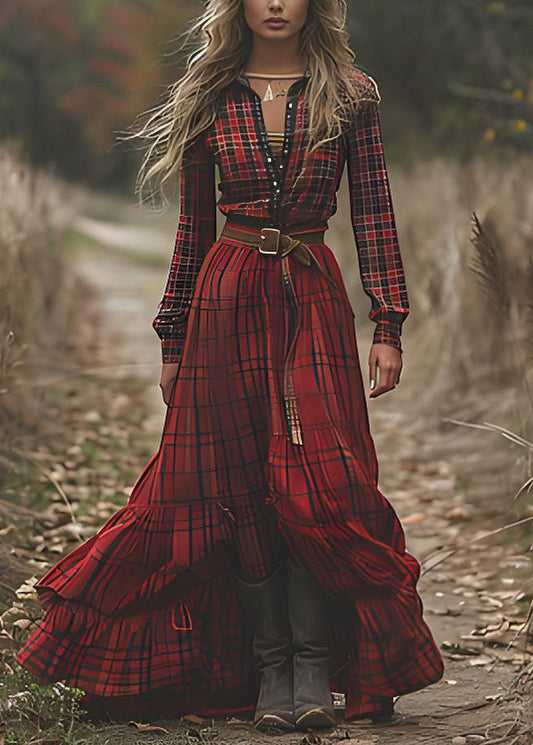 Red V Neck Plaid Patchwork Cotton Ankle Dress Spring