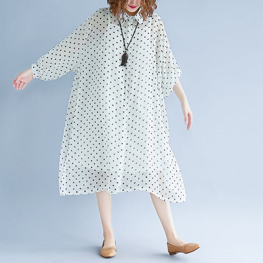Style White Maxi Dresses Turn-down Collar Long Sleeve Prom Dress Dotted Baggy Dresses Maxi Dress