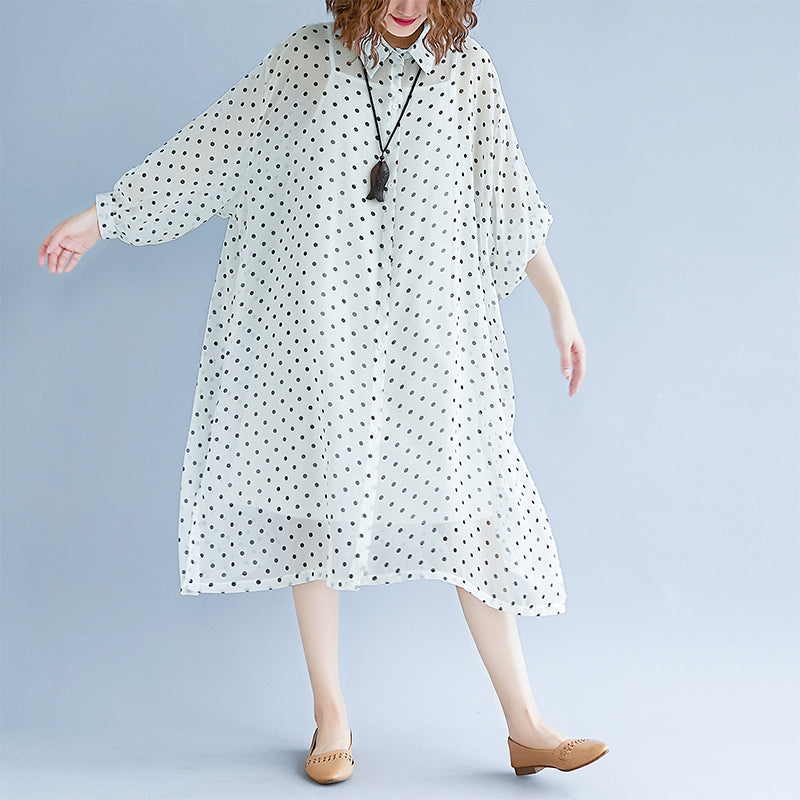 Style White Maxi Dresses Turn-down Collar Long Sleeve Prom Dress Dotted Baggy Dresses Maxi Dress