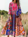 Women's Bohemian Patchwork Art Print Flowy Cotton Crew Neck Dress