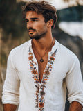 Men's Boho Floral Embroidered Placket Linen Shirt elevenforest