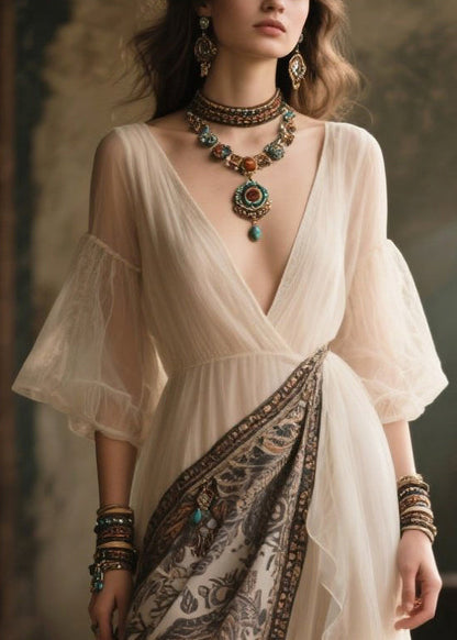 White V Neck Patchwork Chiffon Holiday Dress Summer