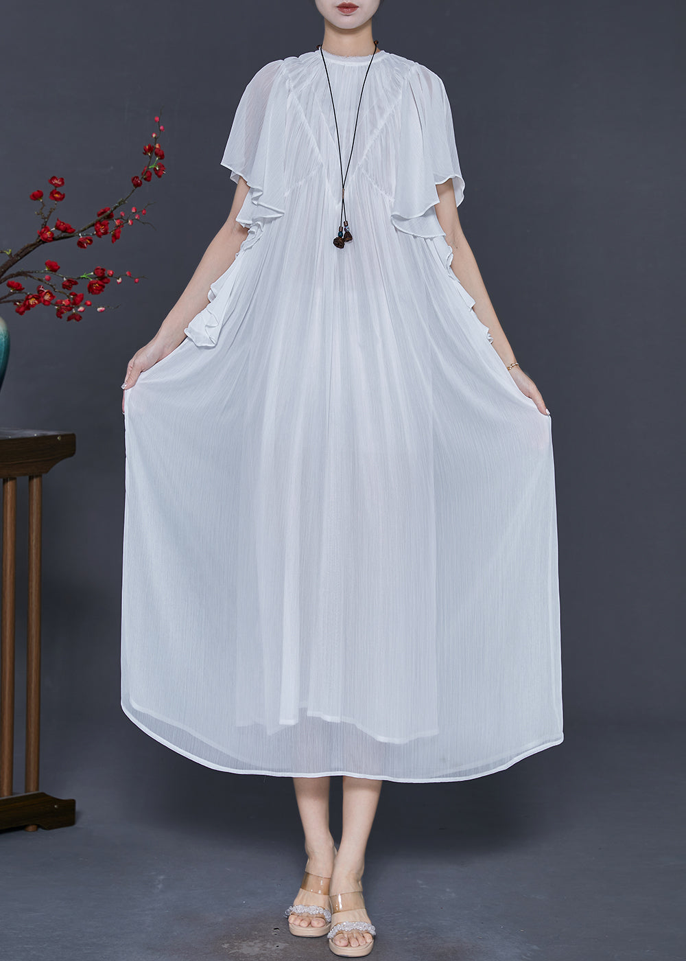 White Draping Chiffon Robe Dresses Cloak Sleeves
