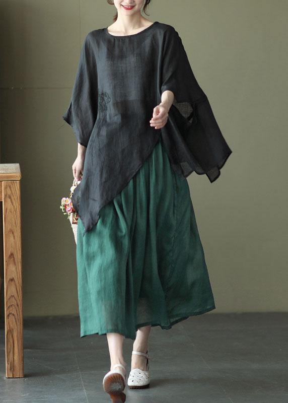 Art Black Asymmetrical Design Embroidered Summer Ramie Shirt Tops