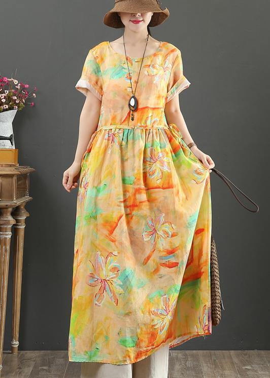 O Neck Drawstring Cotton Linen Summer Clothes Purple Print Dress