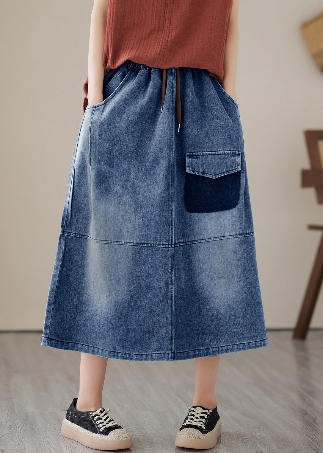 Blue Patchwork Drawstring Elastic Waist Denim Skirts Summer