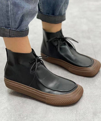 Coffee Cowhide Leather Boots Lace Up Ankle Boots