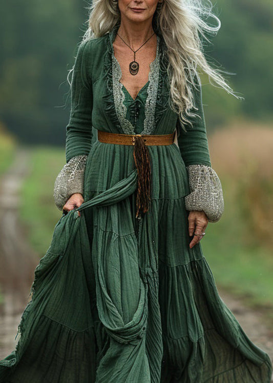 Green Lace Wrinkled Patchwork Cotton Long Dress Spring