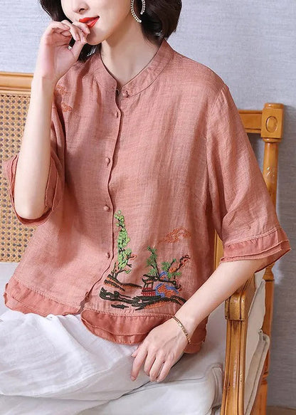 Pink Stand Collar Embroidered Button Linen Shirt Half Sleeve