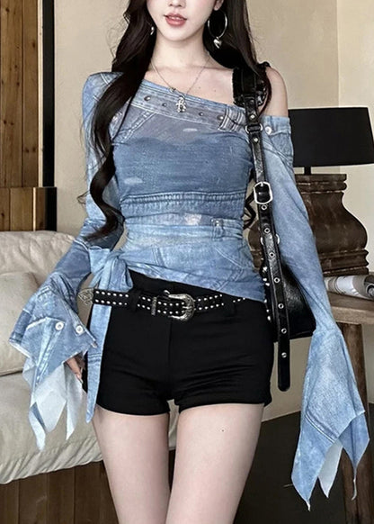 New Off Shoulder Tulle Irregular Printed T-shirt Flare Sleeve