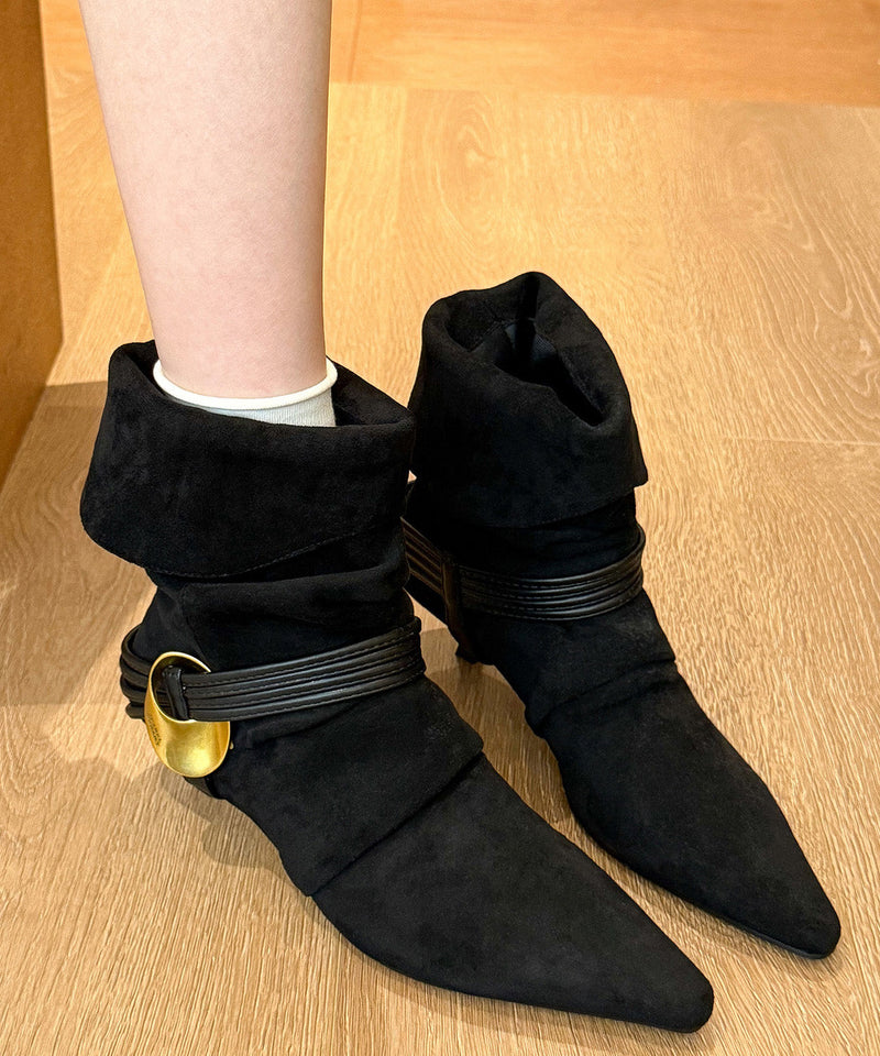 Splicing High Heel Boots Black Suede Pointed Toe