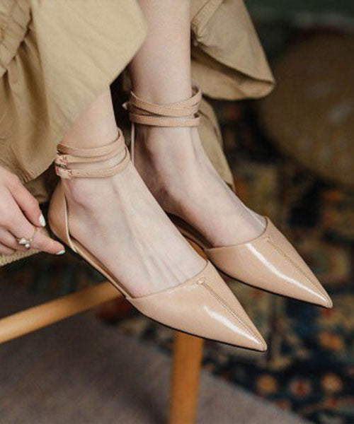 Brown Cowhide Leather Walking Sandals Pointed Toe Buckle Strap