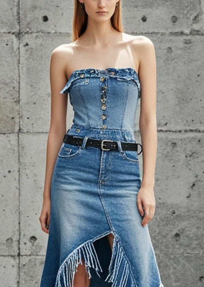 Blue Asymmetrical Patchwork Tasseled Denim Skirts Spring