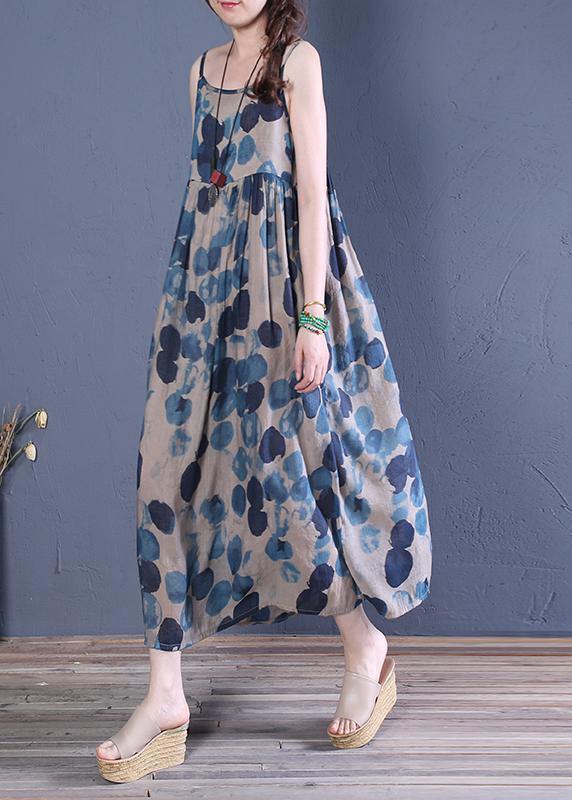 Spaghetti Strap Cinched Cotton Dresses Runway Blue Print a Line Dress