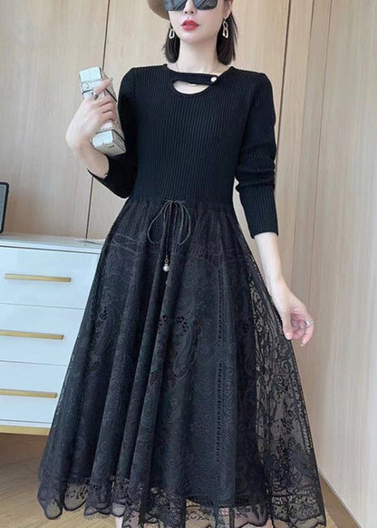 Khaki Tie Waist Lace Patchwork Dresses Spring