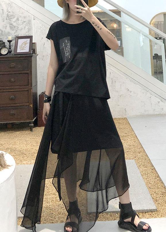 Style Black Chiffon Quilting Skirts Asymmetric Hem Traveling Summer Skirt