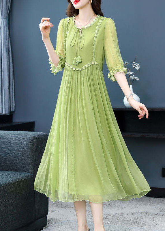 Green Color Lace Up Wrinkled Chiffon Dress Half Sleeve