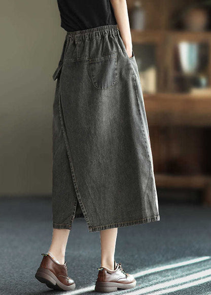 Black Side Open Embroideried Pockets Cotton Denim Ripped Skirt Cozy