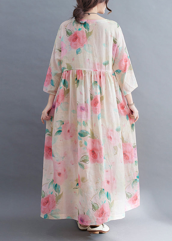 O-neck Cinched Print Vacation Dress Three Quarter Sleeve