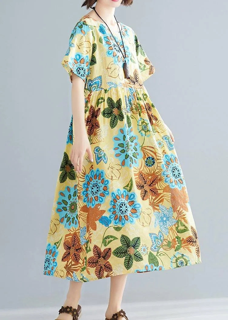 Diy Yellow Print Cotton Tunics O Neck Patchwork Summer Dress