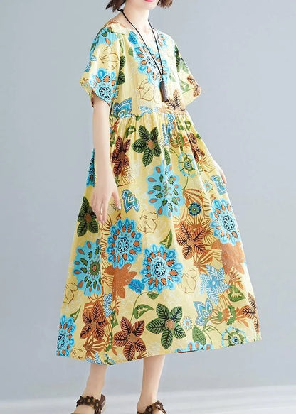 Diy Yellow Print Cotton Tunics O Neck Patchwork Summer Dress