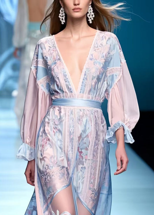 Blue Jacquard Patchwork Chiffon Long Dresses Summer
