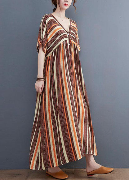 Orange Striped V Neck Patchwork Holiday Cotton Linen Dress