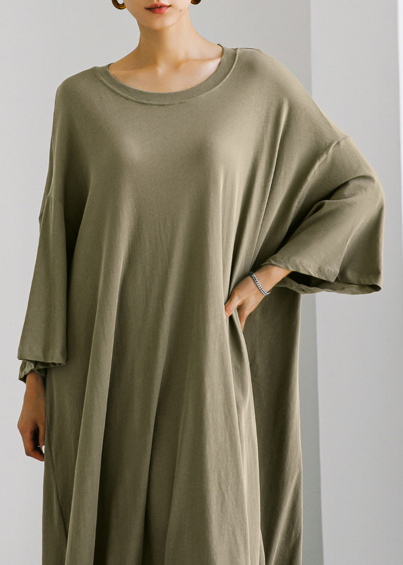 Army Green O-neck Cotton Maxi Dress Long Sleeve