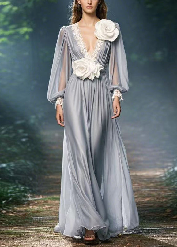 Italian Grey V Neck Decorated Chiffon Dresses Spring