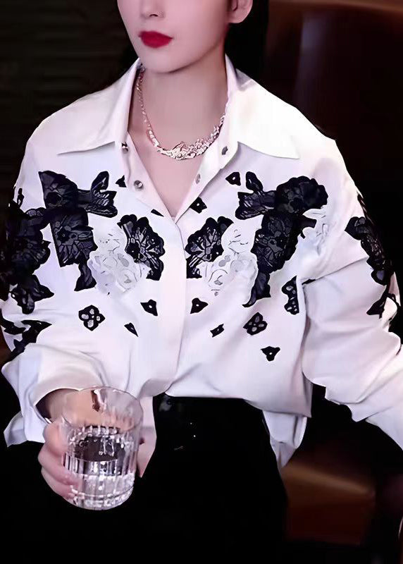 White Peter Pan Collar Hollow Out Cotton Tops Fall