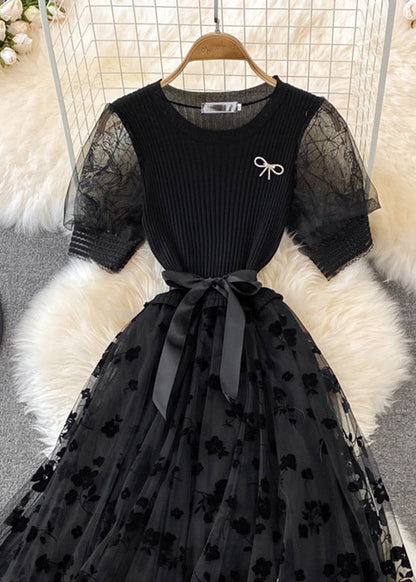 Apricot O-neck Embroidered Bow Tie Waist Knit Patchwork Tulle Maxi Dress Short Sleeve