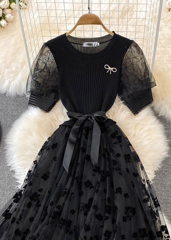 Apricot O-neck Embroidered Bow Tie Waist Knit Patchwork Tulle Maxi Dress Short Sleeve