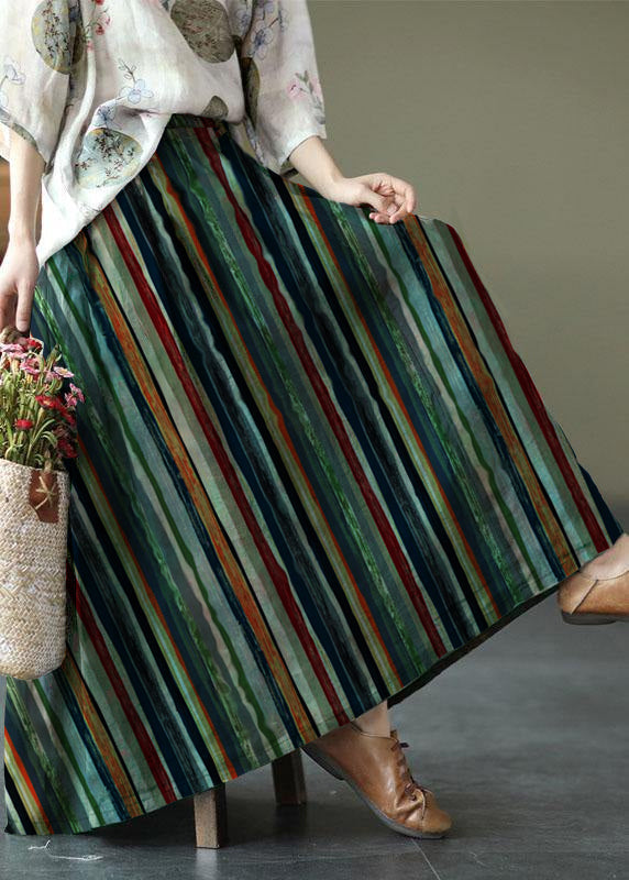 Green Print Ramie Elastic Waist Skirt