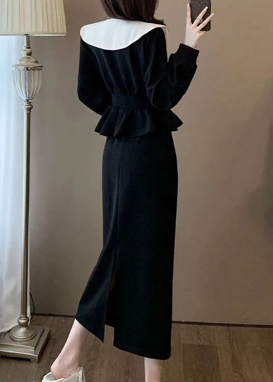 Stylish Black Ruffled Tops and Skirts Elastic Waist Cotton Two Pieces Set Spring