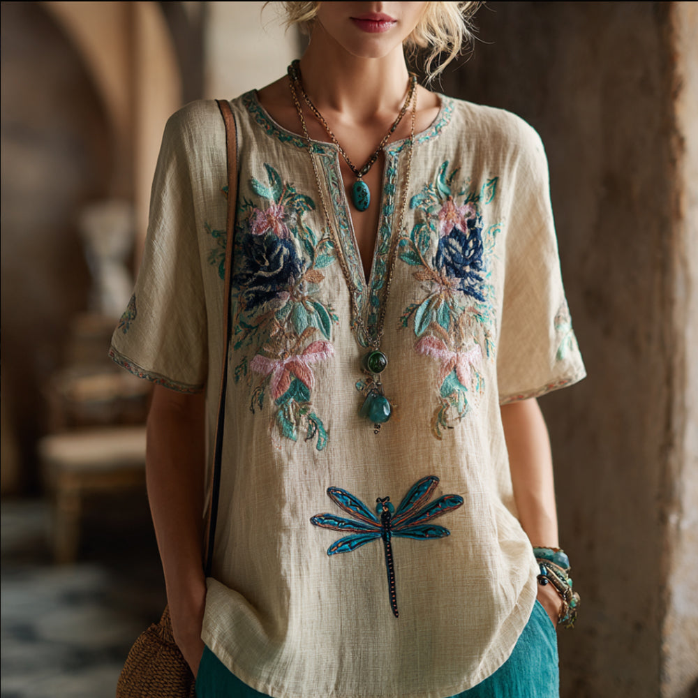 Bohemian Style Light Blue Dragonfly Three-dimensional Embroidery V-neck Short-sleeved Shirt elevenforest
