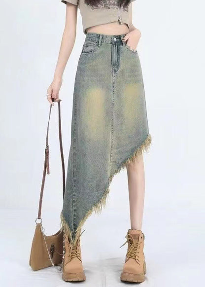 Blue Asymmetrical Tasseled Denim Skirt Summer